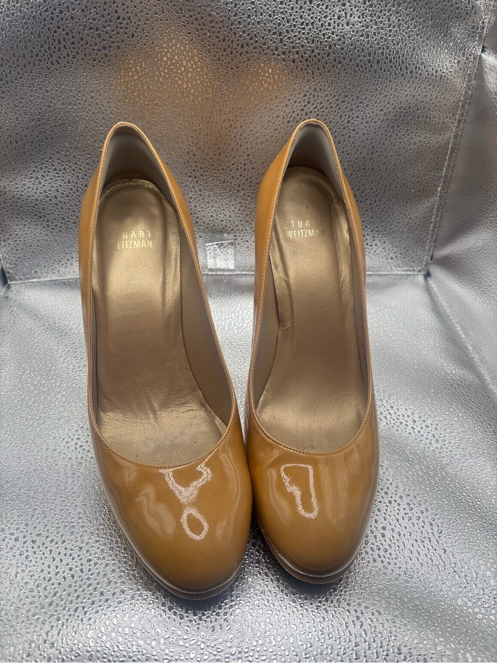 Stuart Weitzman Aniline Patent Leather Pumps Camel Nude Size 9 High Heels